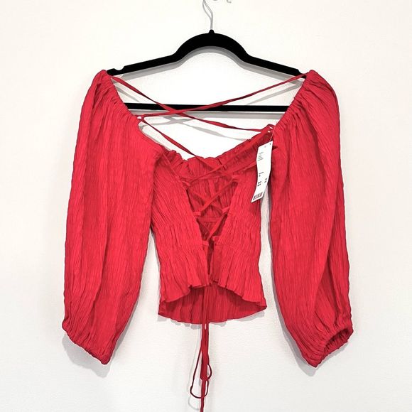 Urban Outfitters Vida Red Smocked Crisscross  Tie Back Off Shoulder Blouse XS - Picture 7 of 8